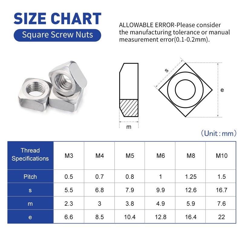 FSATNDE 304 Stainless Steel Machine Square Screw Nuts 304 Square Nuts Metric Assortment Kit Nut 139Pcs - Image 2